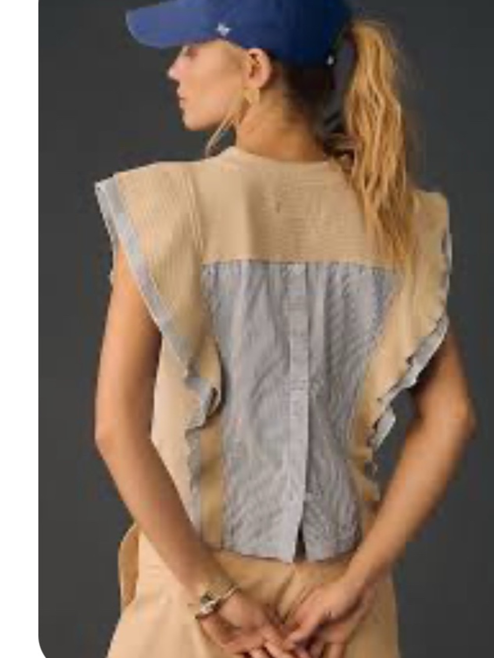 Anthropologie Beige and Blue Ruffle-Back Blouse